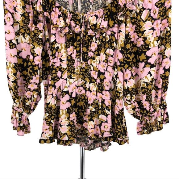 Free People Sweet Memories Floral Crepe Smocked Back Tie Front Ruffle Top - Picture 4 of 14